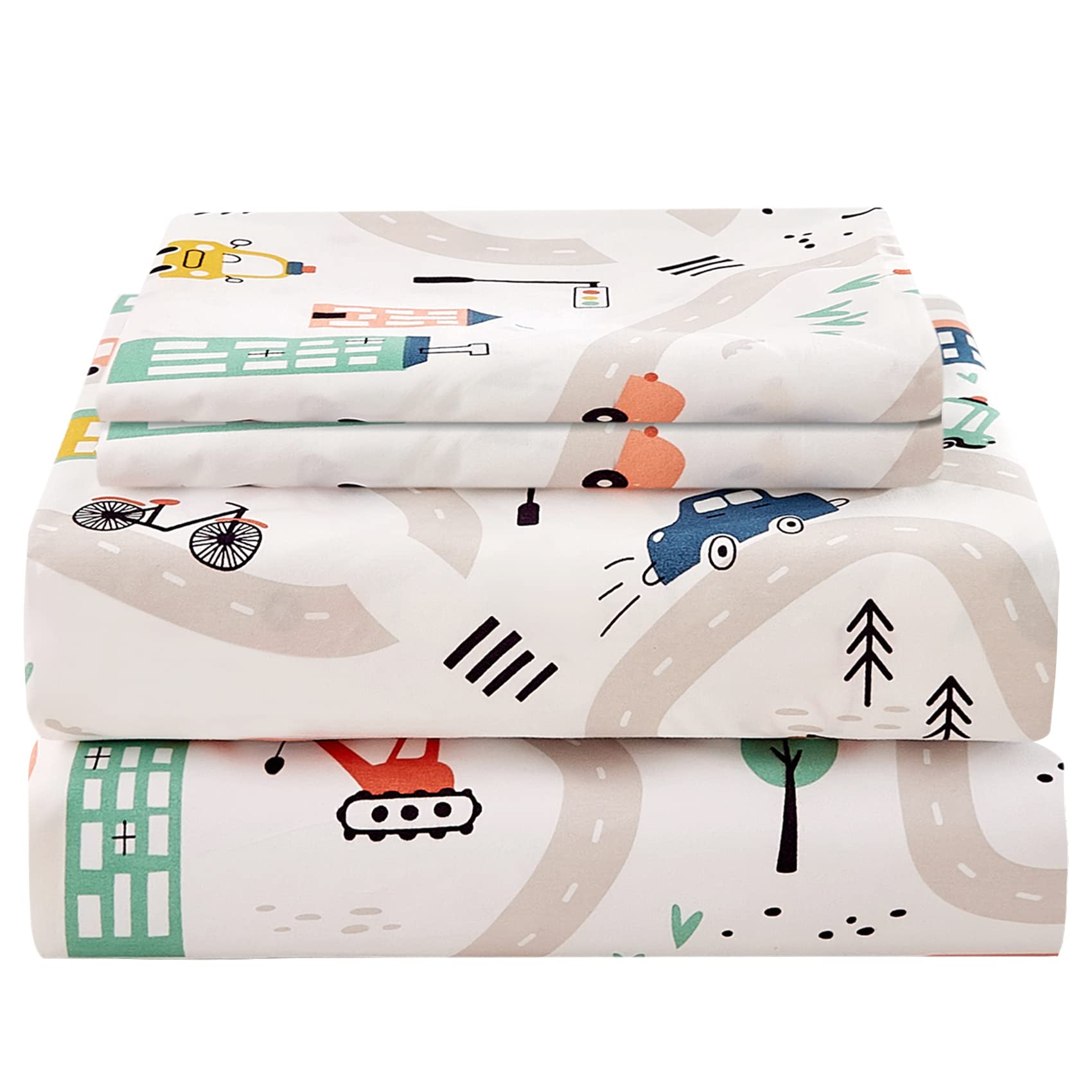 Jsd Car Kids Printed Sheet Set Twin Size, 3 Piece Soft Microfiber Bed Sheets Deep Pocket