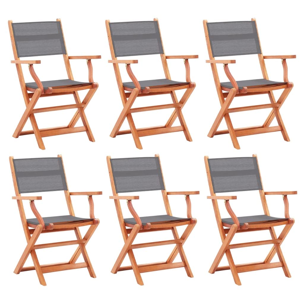 vidaXL 6X Solid Eucalyptus Wood Folding Patio Chairs Garden Outdoor Wooden Lounge Armchair Seating Seat Furniture Set Gray Textilene