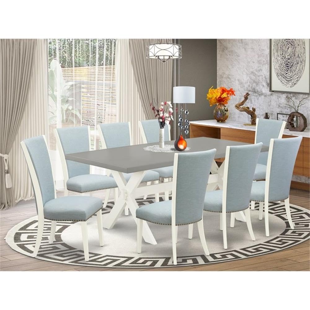 East West Furniture X097VE215-9 9 Piece Dining Room Set Includes a Rectangle Dining Table with X-Legs and 8 Baby Blue Linen Fabric Upholstered Chairs, 40x72 Inch, Multi-Color