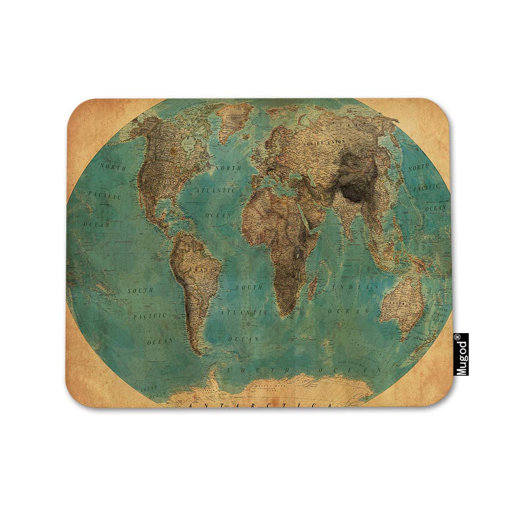 Mugod World Map Mouse Pad Old-Fashioned Map Ocean Signs Vintage Green Yellow Brown Mouse Mat Non-Slip Rubber Base Mousepad For C