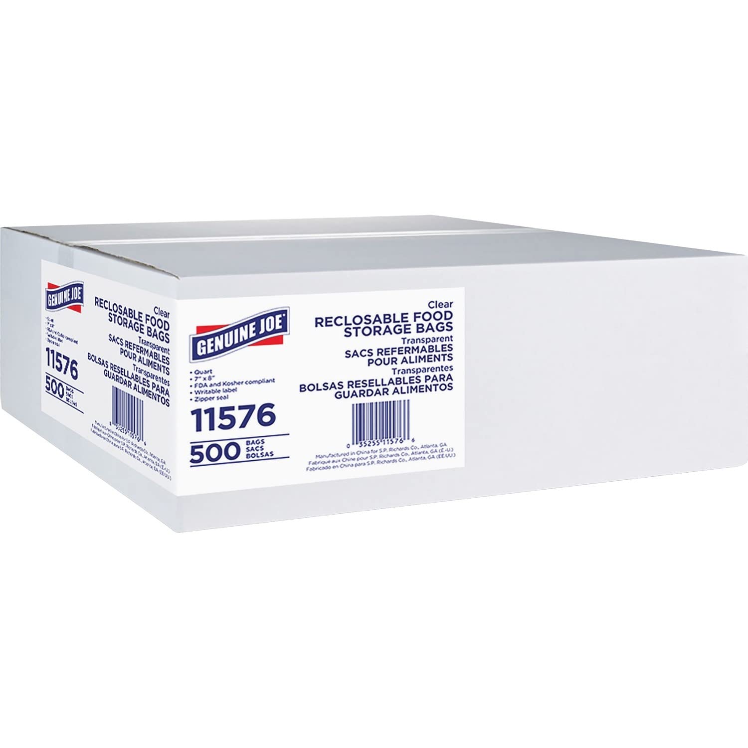 Genuine Joe 11576 Reclosable Food Storage Bags, 1-Quart, 1.75mil, 500/BX, CL