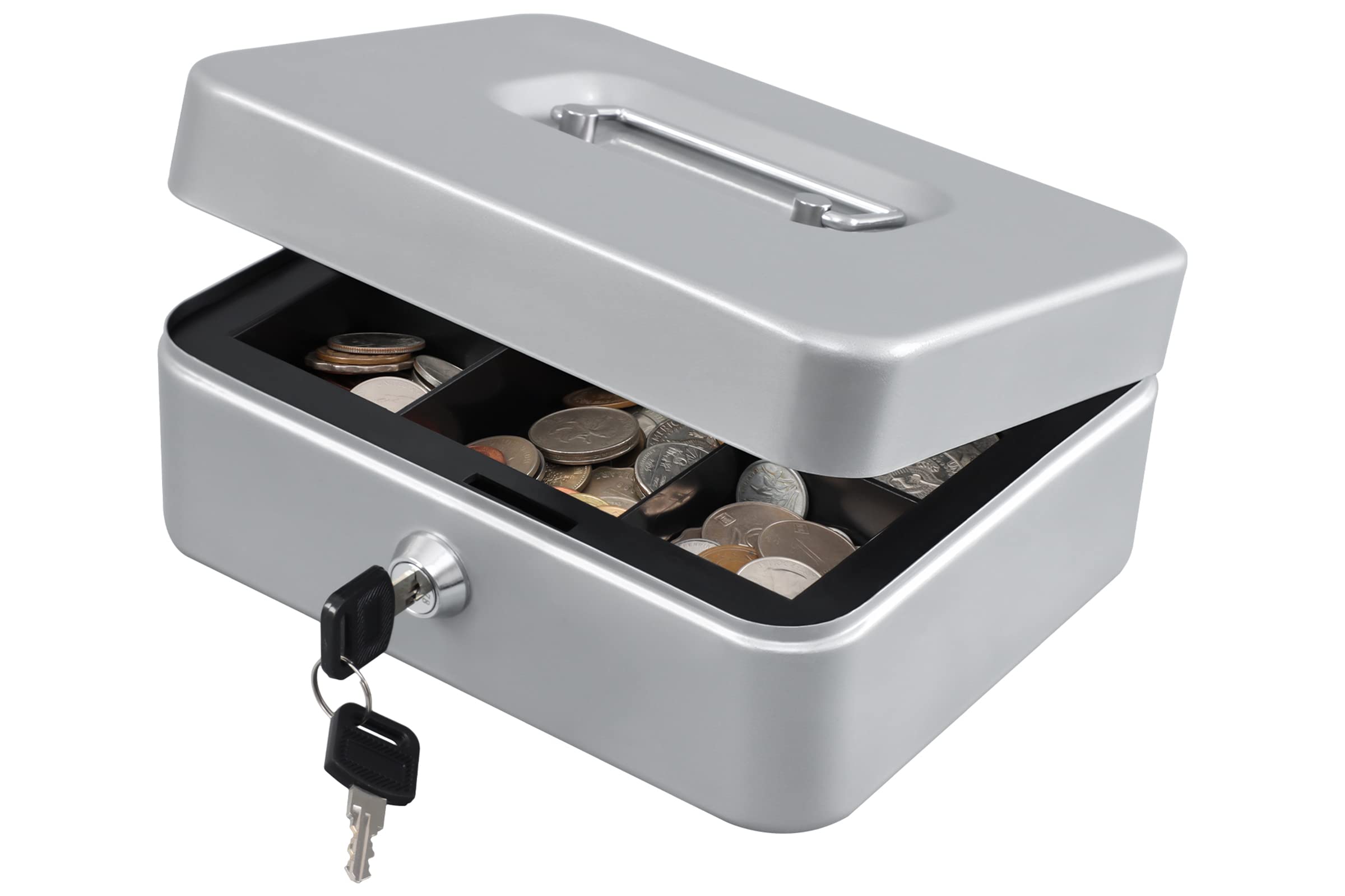 Kyodoled Medium Cash Box With Money Tray,Small Safe Lock Box With Key,Cash Drawer,7.87'X 6.30'X 3.54' Lightgrey Medium
