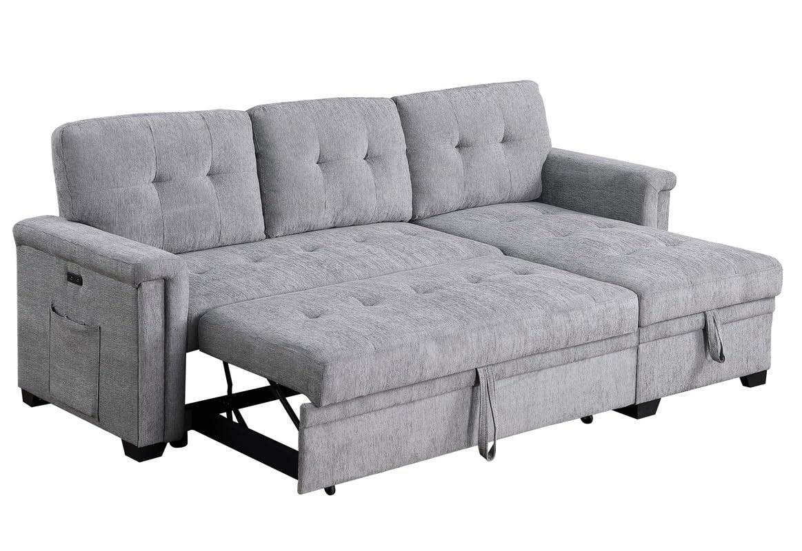 Lilola Home Ashlyn 83.5" W Light Gray Chenille Reversible Sleeper Sectional Sofa with Storage Chaise, Charging Ports, Side Pockets