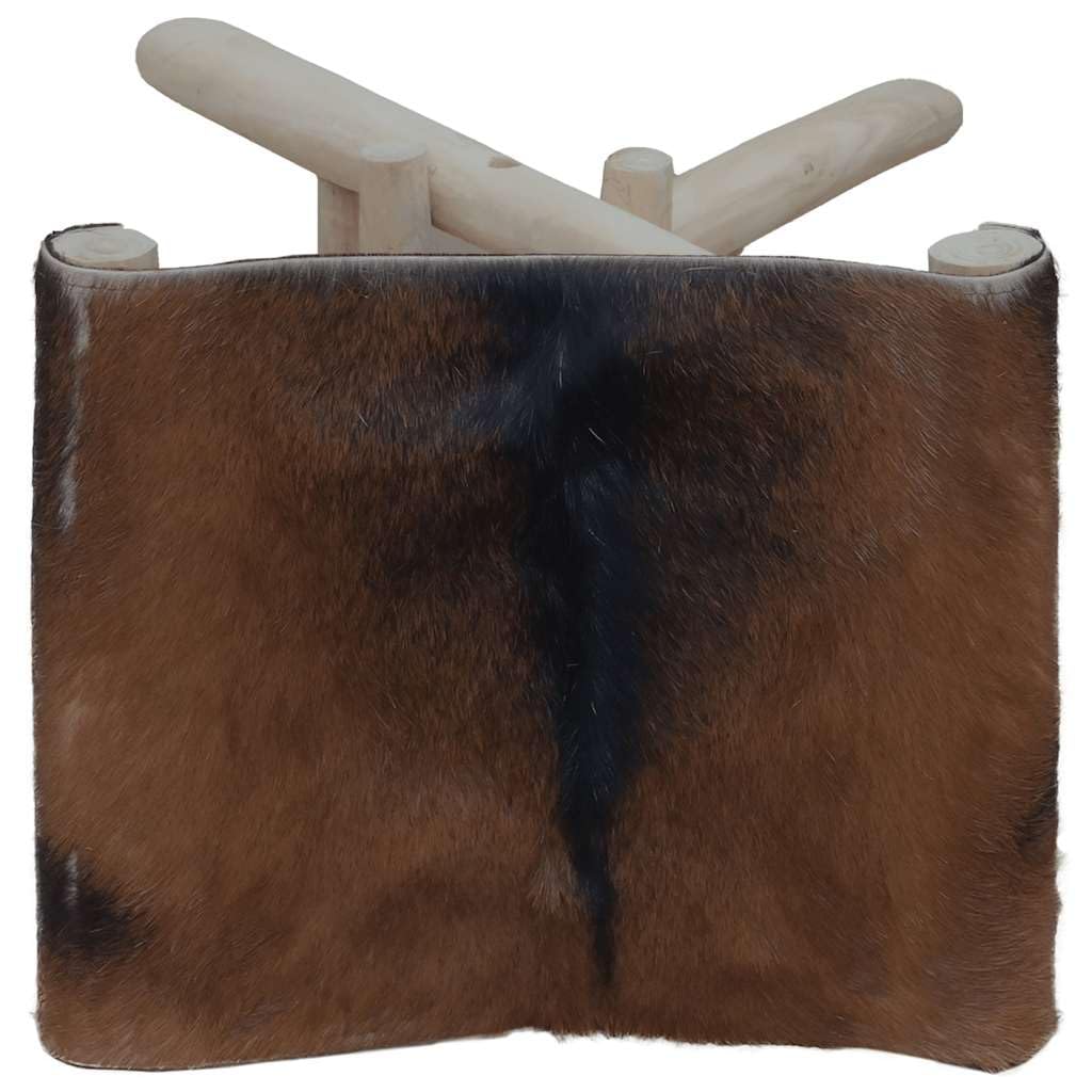 vidaXL Folding Stool with Real Goat Leather and Solid Teak Wood Frame Brown - Modern Rustic Style Compact Chair