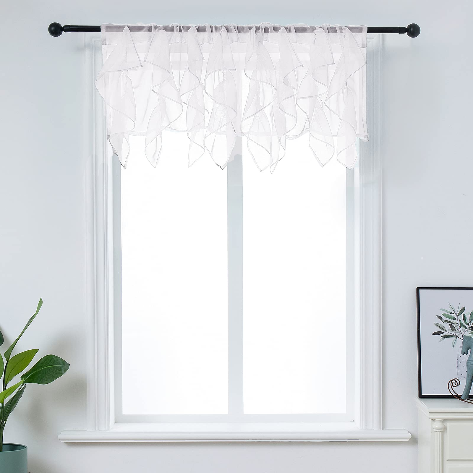 PearAge Ruffled Voile Semi Sheer Curtain Valance, Kitchen Living Room Shabby Chic Ruffle Valance Curtains, Girls Daughters Bedro