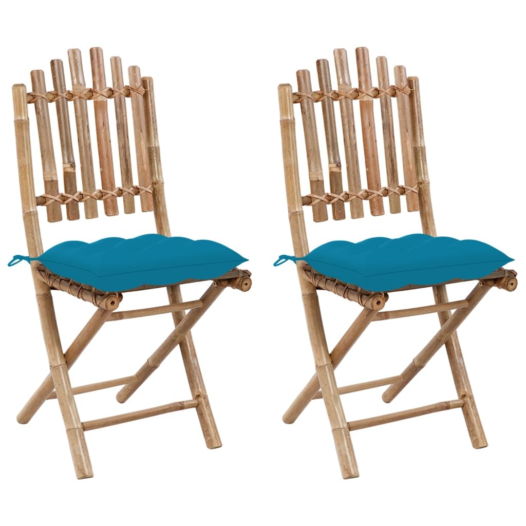 vidaXL: 2X Folding Bamboo Patio Chairs with Cushions - Garden Furniture for Outdoor/Deck/Patio - Light Blue, Weather Resistant