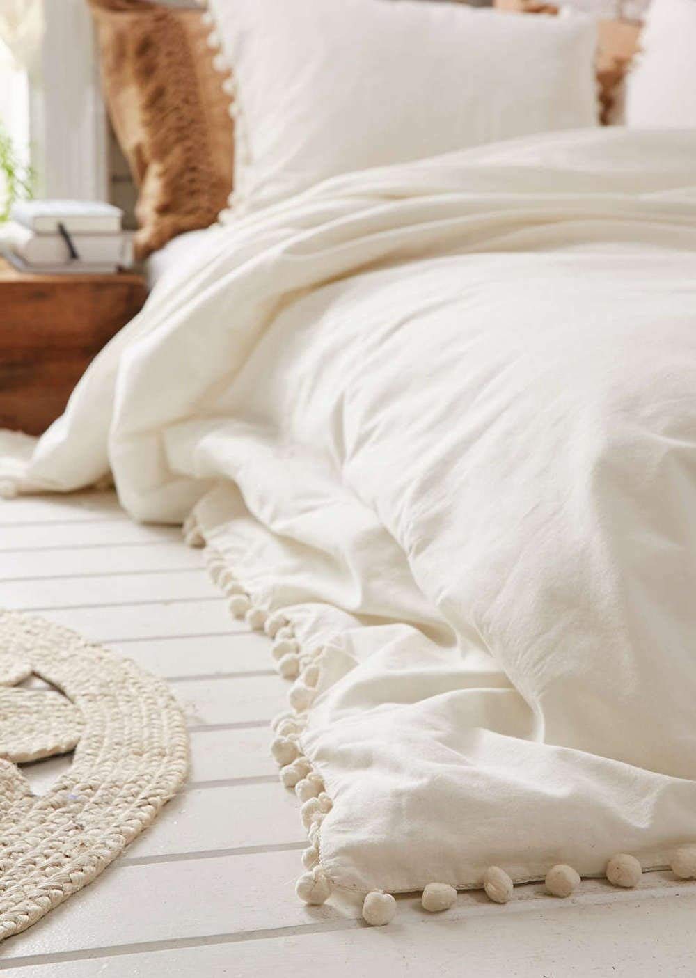 Flber White Pom-Fringe Duvet Cover King Queen Queen Size 86In X 90In