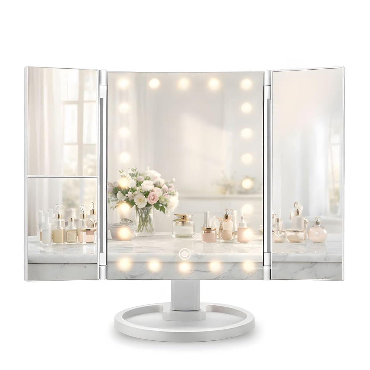 KEYFEATURES Lighted Makeup Mirror, Trifold Vanity Mirror with 22 LED Lights, 2x/3x Magnification, Touch Dimming, USB TypeC Inpu