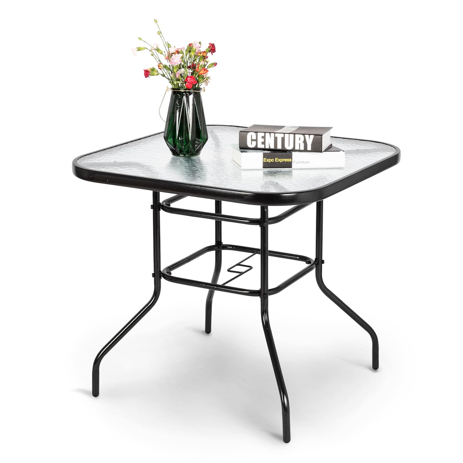 VINGLI Glass Patio Table with Umbrella Hole, 32 Square Outdoor Dining Table Steel Tempered Glass Patio Tables Outdoor Tables for