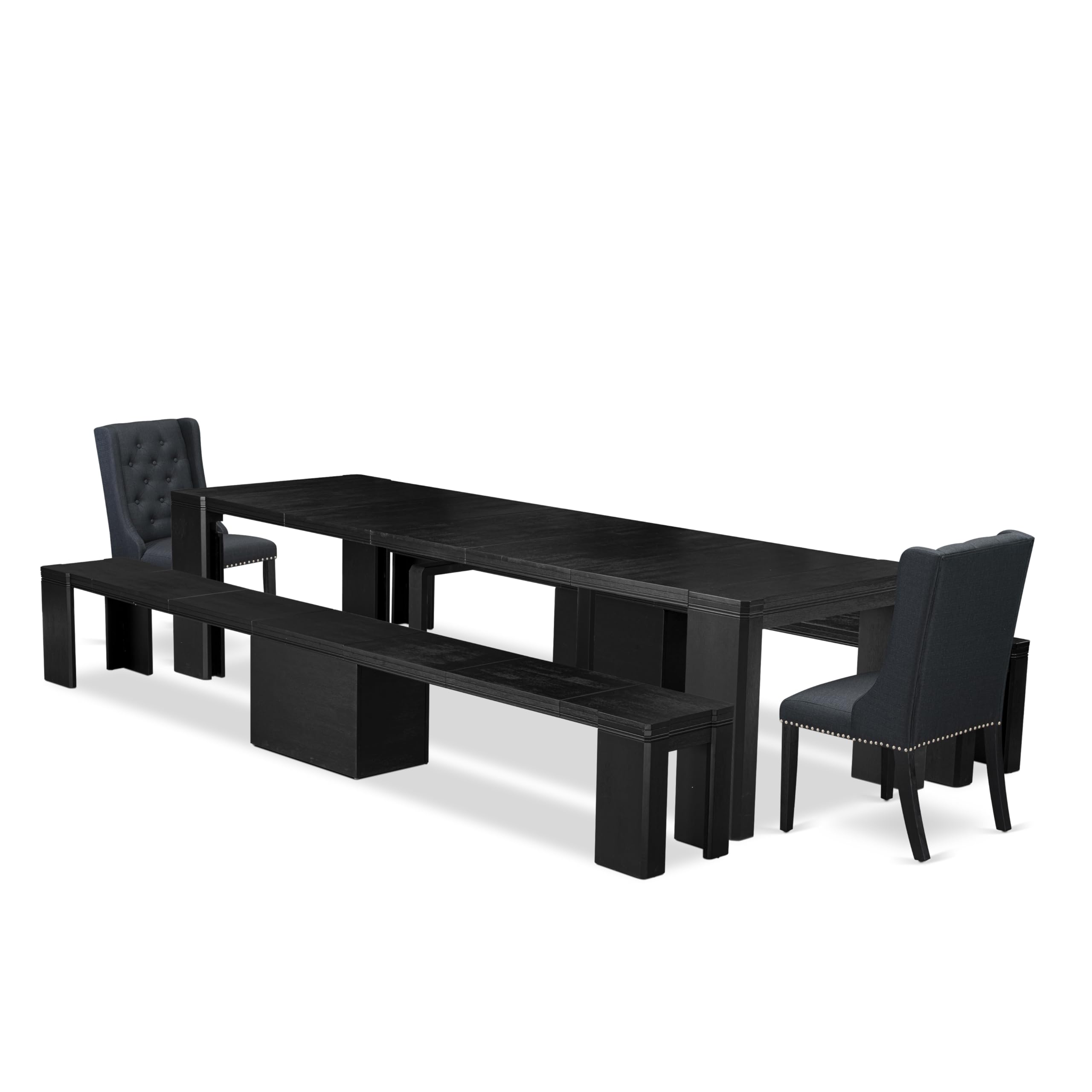 Luxe by East West Furniture - X02FO-206-24 - 5-piece Dining Room Table Set a Rectangular Dining Table and 2 wooden Benches and 2 Black Linen Fabric kitchen Chair, 39x120 Inch, Wire Brushed Black