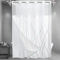 LXBNI No Hook Ombre Grey White Striped Long Shower Curtain with Snap in Fabric Liner Set - Hotel Shower Curtain and Liner Set wi
