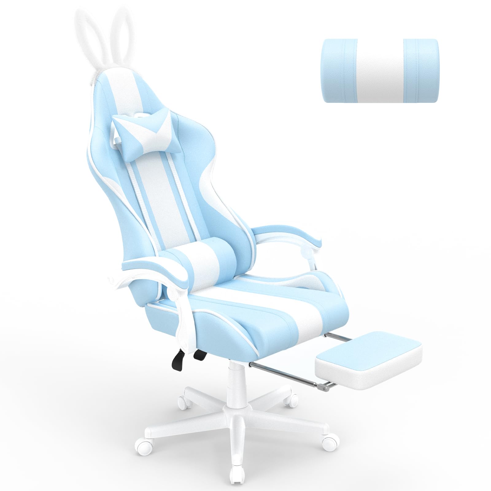Ferghana Kawaii Light Blue Gaming Chair with Bunny Ears, Ergonomic Cute Gamer Chair with Footrest and Massage, Racing Reclining 