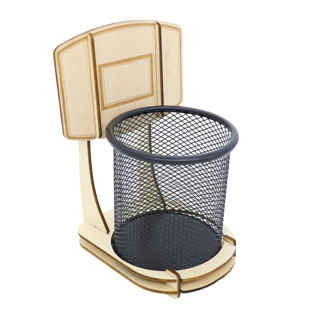 Guozi Creative Pen Pencil Holder, Handmade Wooden Basketball Stand Pencil Organizer, Metal Mesh Pencil Cup For Kids Desk Office