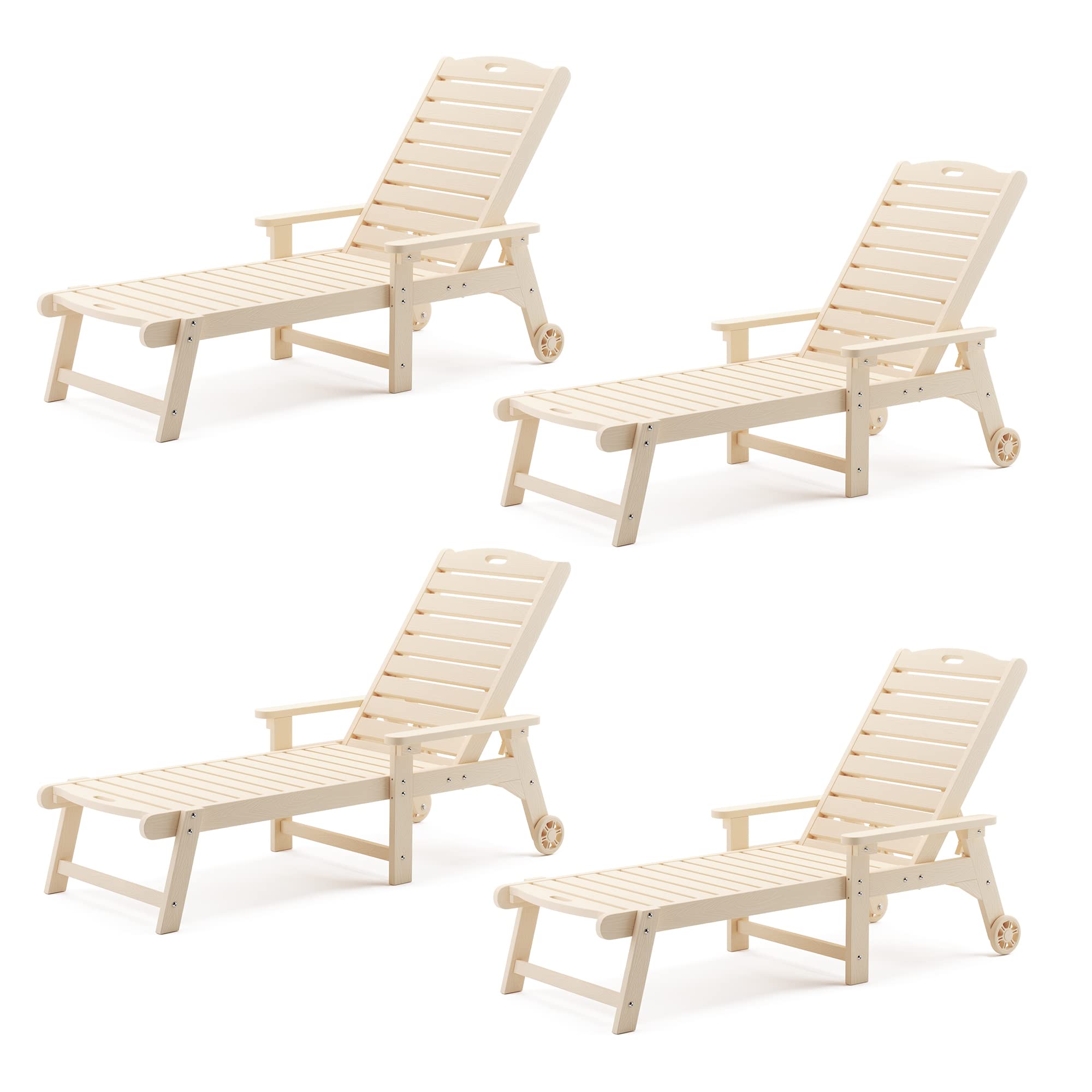 Lue Bona Outdoor Chaise Lounge Chairs Set Of 4, Hdps Material, 3-Year Warranty, Patio Lounge Chair With Adjustable Backrest, Resin Pool Lounge Chairs With Wheels For Outside, Poolside, Beach, Sand
