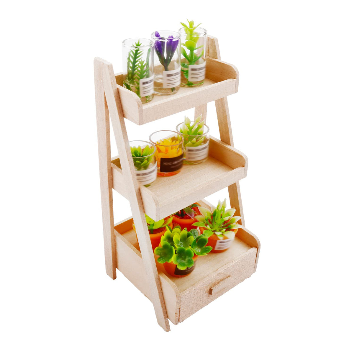 11 Pieces Miniature Wooden Bookshelf & Mini Potted Plants Set Vintage Mini House Furniture Mini Plant Shelf Kit For Miniature Ho