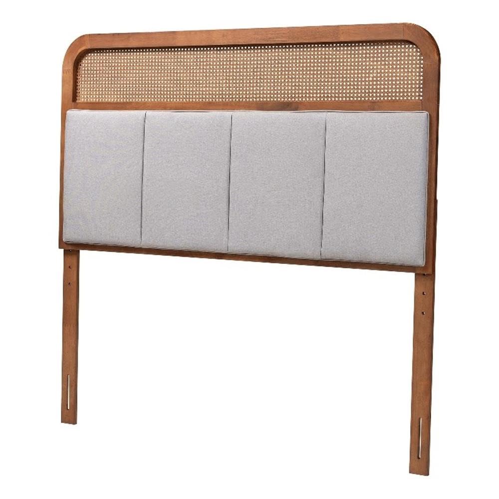 Baxton Studio Esti Mid-Century Modern Light Grey Fabric and Ash Walnut Finished Wood Queen Size Headboard with Rattan