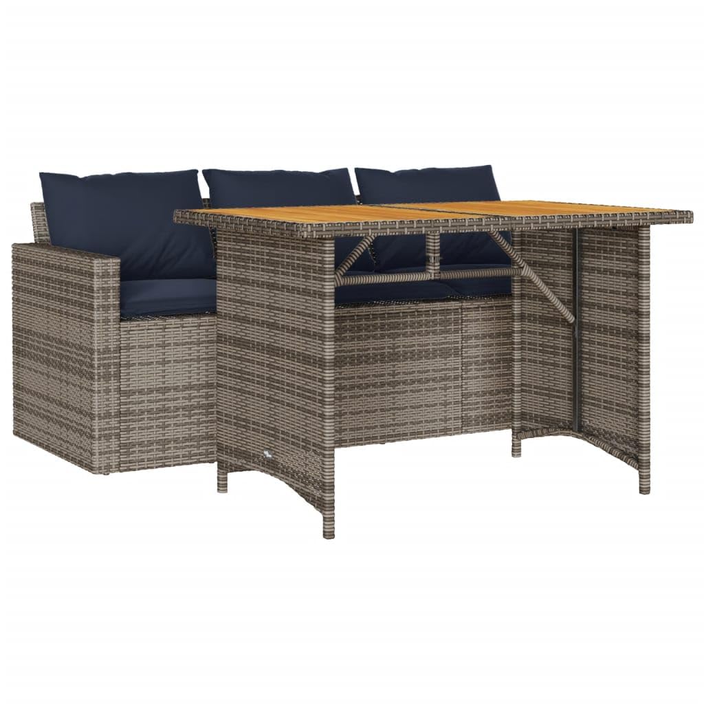 vidaXL Outdoor Patio Dining Set– 2 Piece Poly Rattan Furniture w/Cushions – 3-Seater Sofa & Acacia Wood Table - Gray/Navy Blue