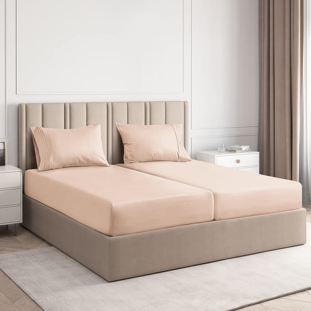 Split King Size 5 Piece Bedding Sheet Set - Breathable & Cooling - Hotel Luxury Bed Sheets Set - Easy Fit - Soft, Wrinkle Free & Comfy Cream Pink Oeko-Tex Bedding Sheets - Deep Pockets 5 Piece Set