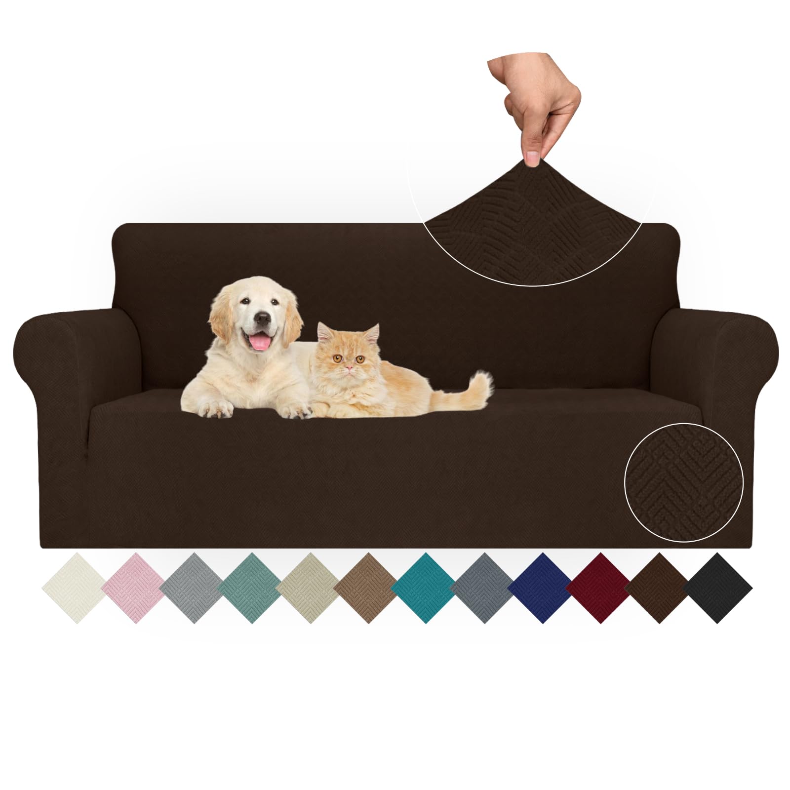 Jiviner Stretch Sofa Covers 1 Piece Couch Covers For 3 Cushion Couch Sofa, 3 Seater Sofa Slipcovers Furniture Protector With Elastic Bottom For Kids, Pets (Large, Coffee Rhomb)