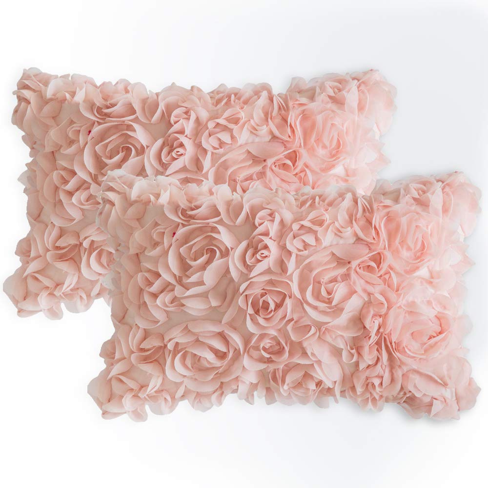 Miulee Pack Of 2 3D Decorative Romantic Stereo Chiffon Rose Flower Pillow Cover Solid Square Pillowcase For Sofa Bedroom Car 12X
