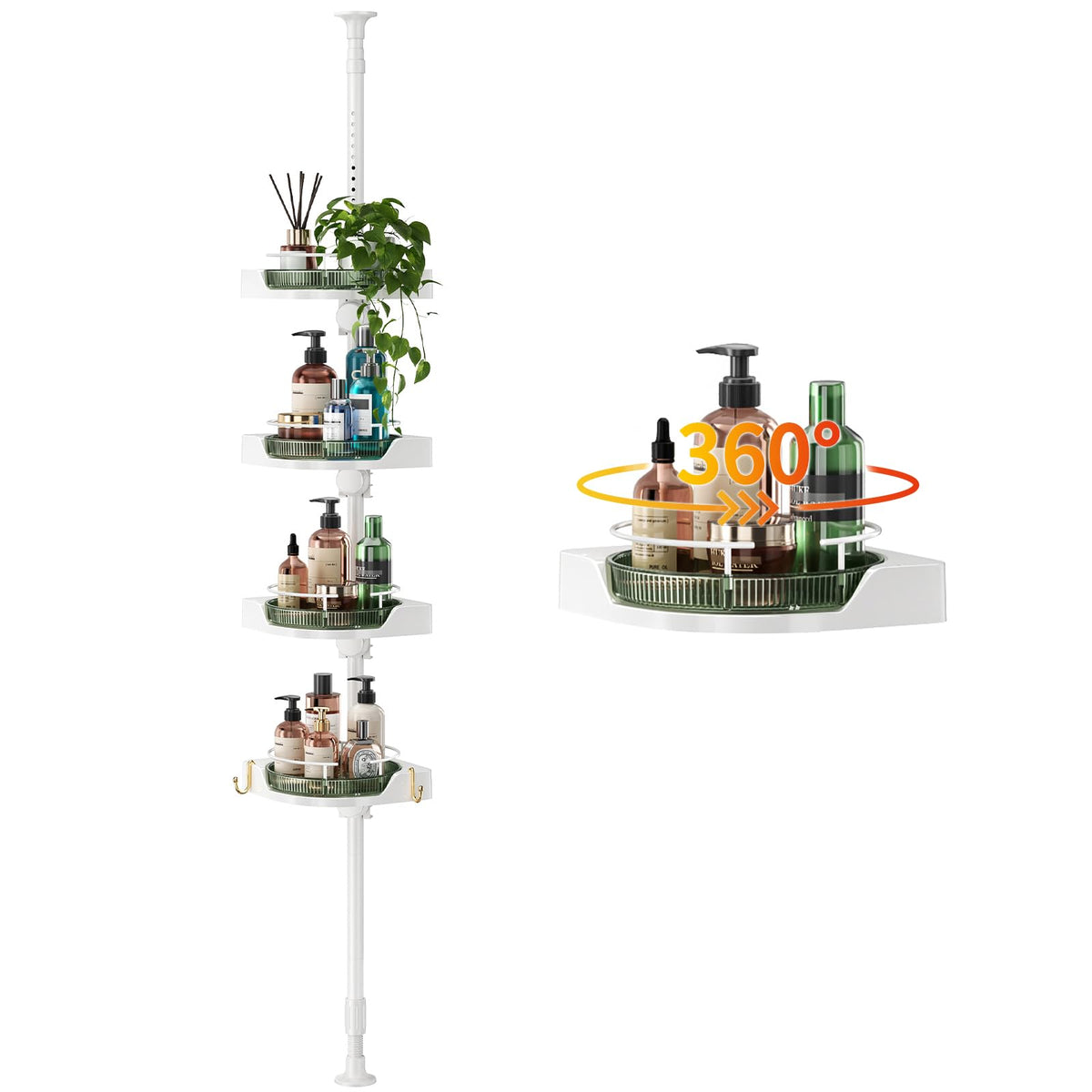 AKINBAS 360 Rotating Shower Caddy Tension Pole with 4Tier Rustproof Lazy Susan 35128 Inch No Drilling Coner Shelves Adjustable