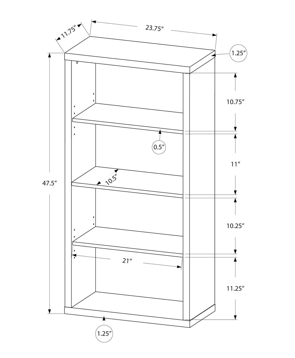Monarch Specialties Bookcase - Sturdy Etagere with 3 Adjustable Book Shelves - 48? (Grey)