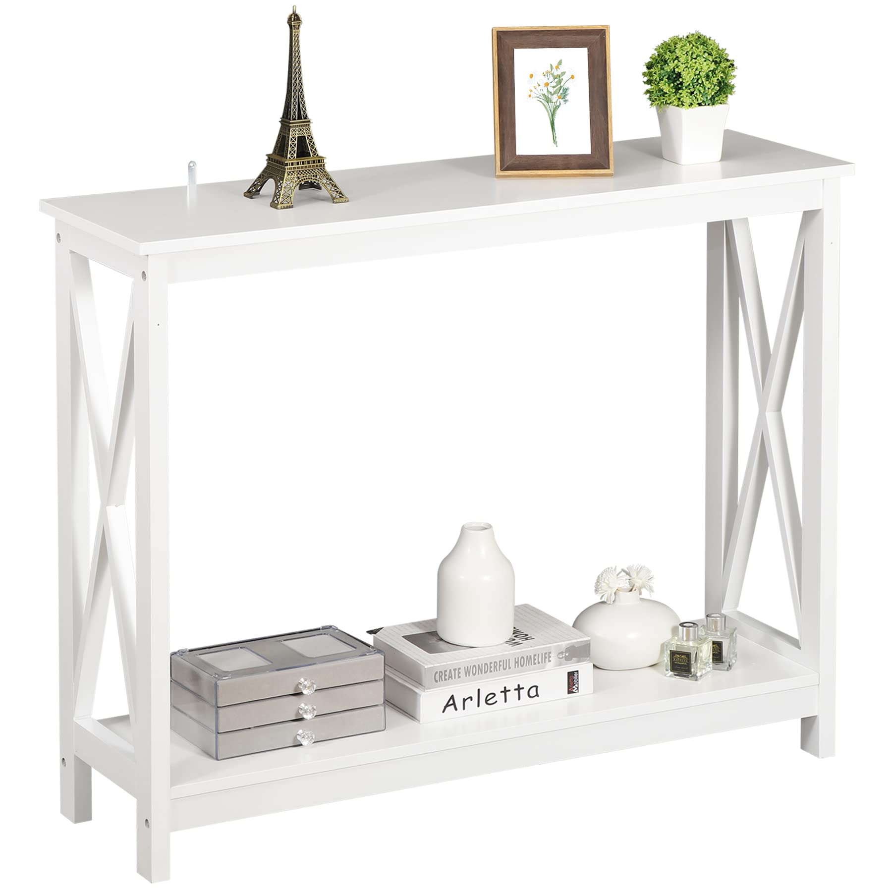 SUPER DEAL 2-Tier Narrow Console Sofa Side Table for Entryway/Hallway/Living Room, 39.3in L x 11.8in W x 31.6in H, White