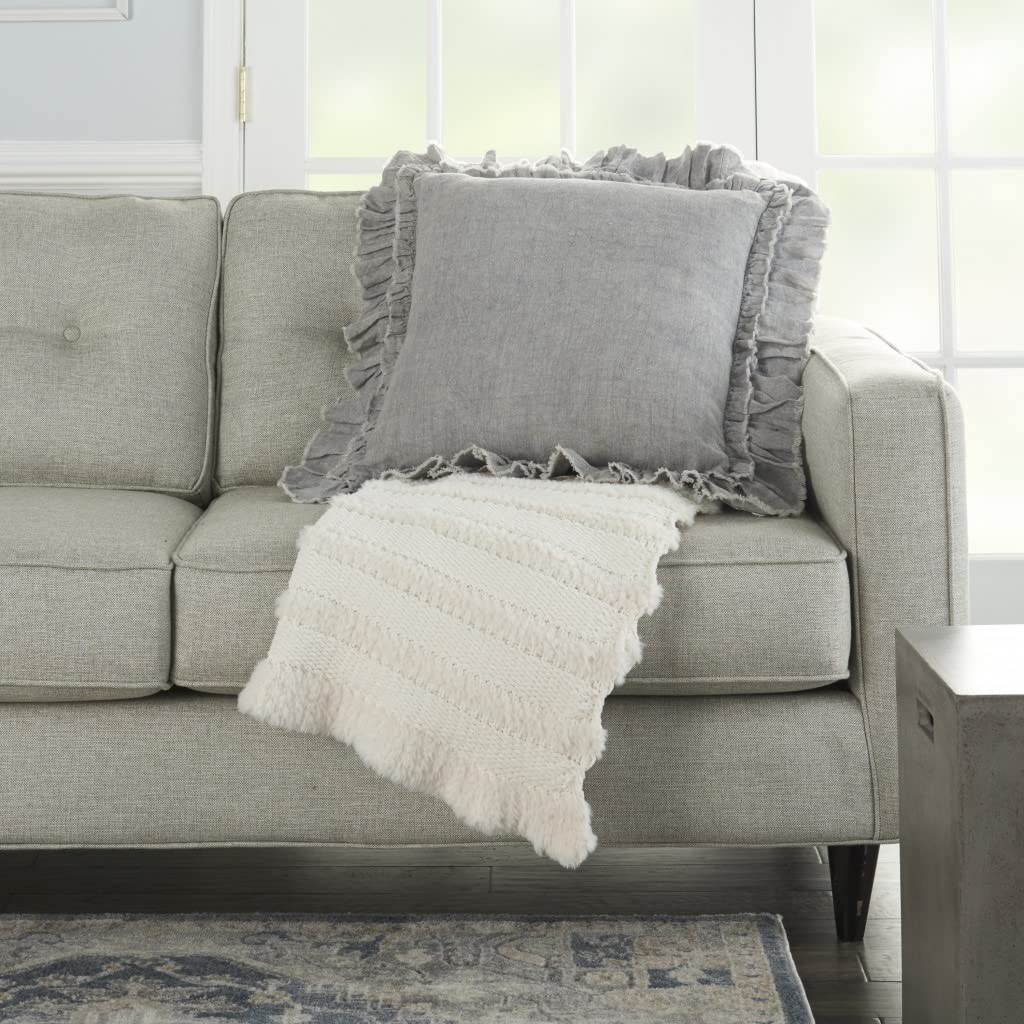 HomeRoots Grey Linen Dainty Ruffle Edged Light Gray Throw Pillow