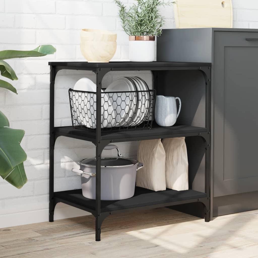 vidaXL Black Kitchen Trolley - Engineered Wood Serving Cart with Steel Frame, Lockable Wheels, and Ample Storage, 23.6&quot;x16.1&quot;x29.9&quot;