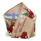 Truck Dog Merry Christmas Ribbon - 2 1/2' x 10 Yards, Wired Edge, Natural Ribbon, Red Truck with Dog & Christmas Tree, Wreath, 