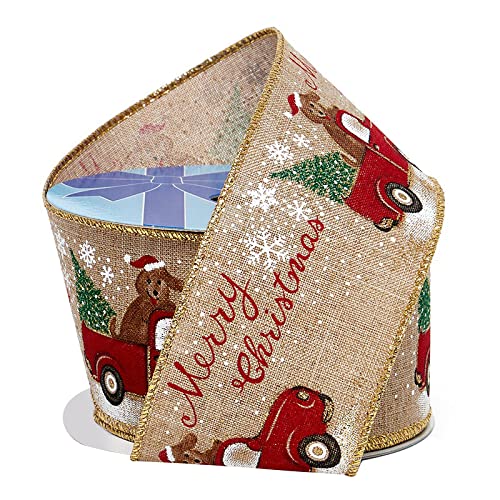Truck Dog Merry Christmas Ribbon - 2 1/2' x 10 Yards, Wired Edge, Natural Ribbon, Red Truck with Dog & Christmas Tree, Wreath, 