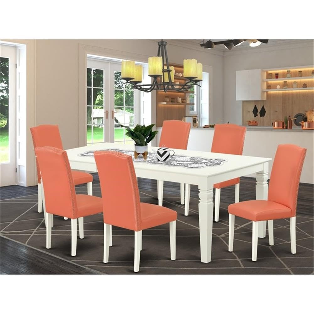 East West Furniture Lgen7-Lwh-78 7 Piece Dining Set Consist Of A Rectangle Dining Room Table With Butterfly Leaf And 6 Pink Flamingo Faux Leather Upholstered Chairs, 42X84 Inch, Linen White