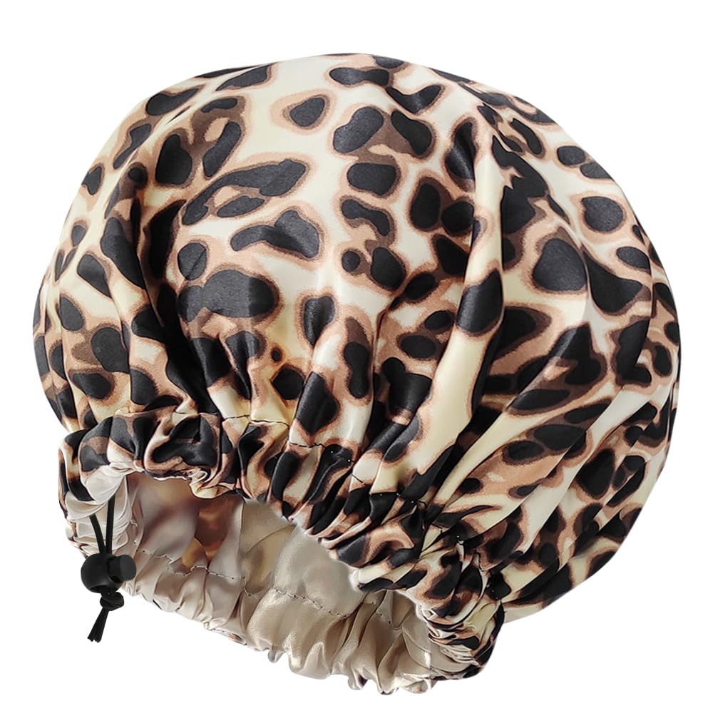 Satin Bonnet Silk Bonnet for Curly Hair Bonnet Braid Bonnet for Sleeping Bonnets for Women Large Double-Layer Adjustable(Leopard