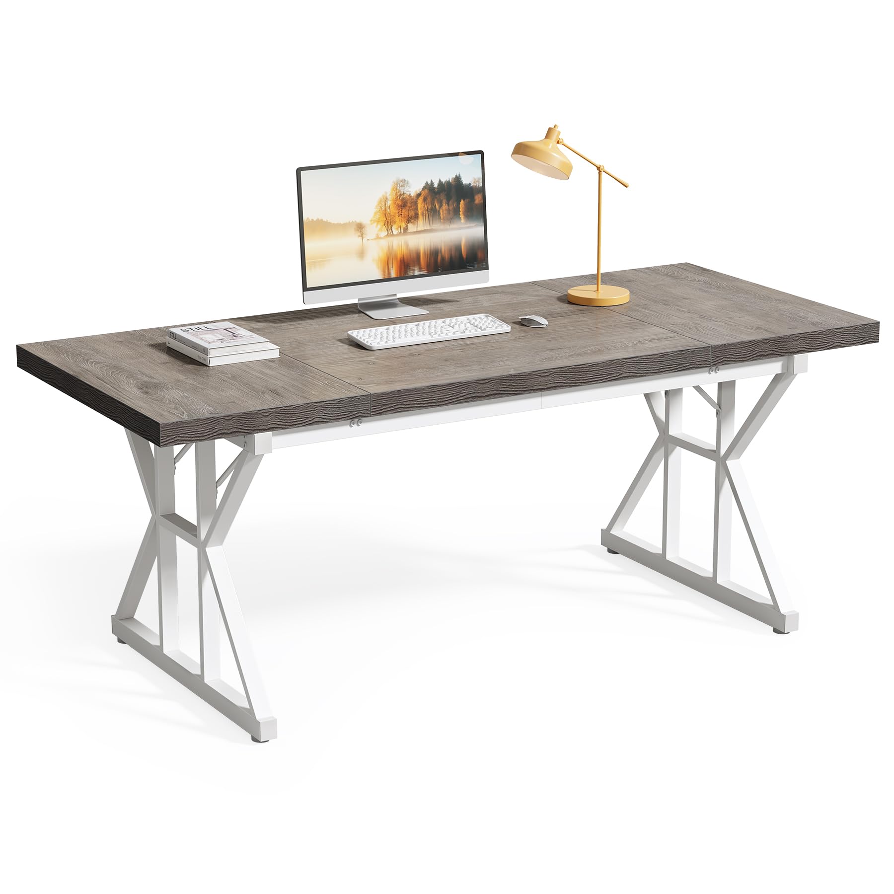 LITTLE TREE 70.8-Inch Large Executive Desk, Modern Computer Office Desk, Wooden Writing Desk Study Table for Home Office, Grey-W