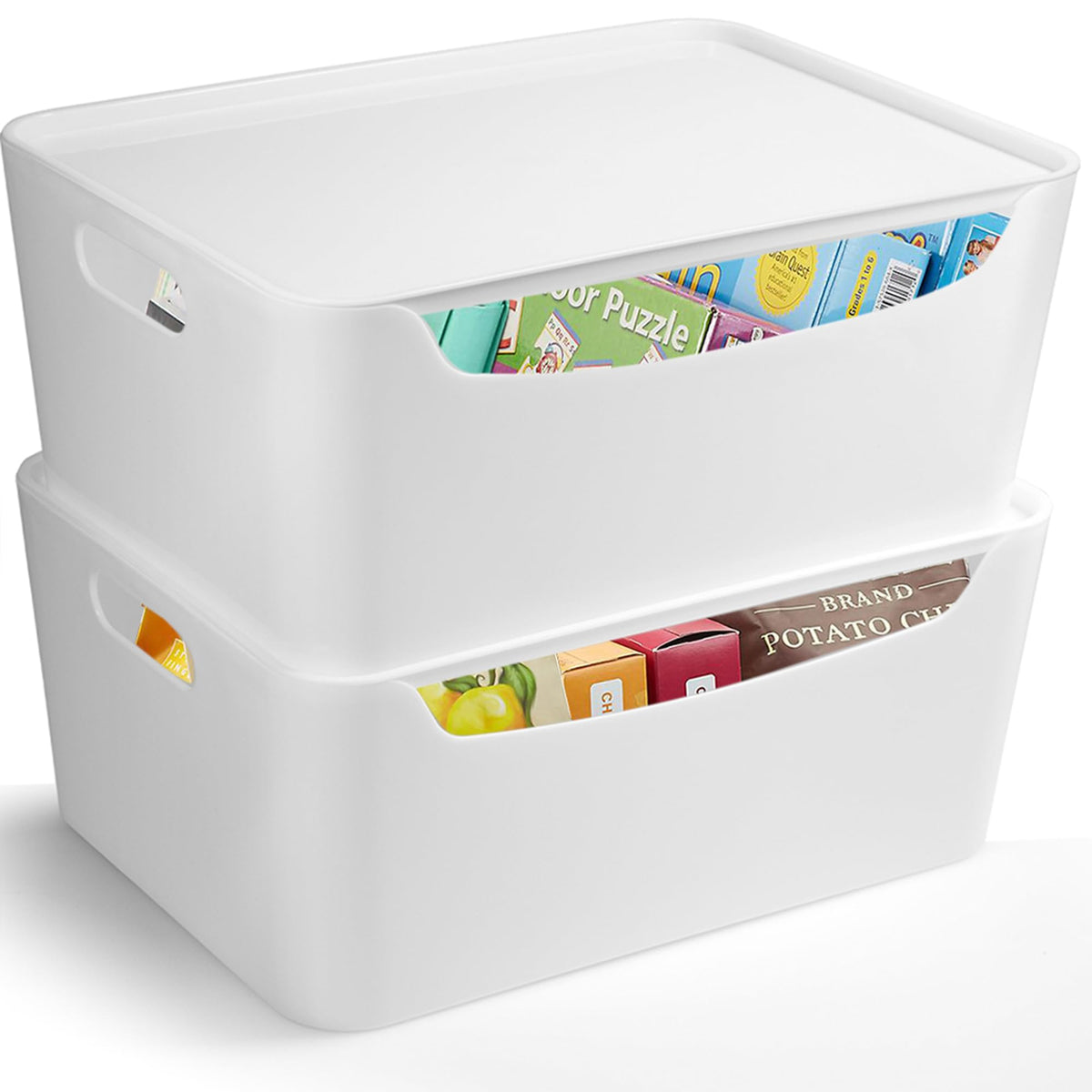 White Plastic Storage Bins for Pantry, 2 Pcs White Plastic Organizer Bins with Lids, Refrigerator Organizer Bins Stackable, Stor