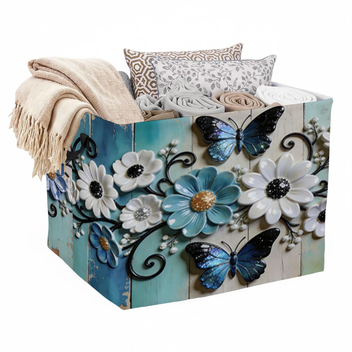 Blue Butterfly Floral Foldable Laundry Basket Hamper with Handles, 56L Large Capacity Toy Storage Organizer, Collapsible Clothes