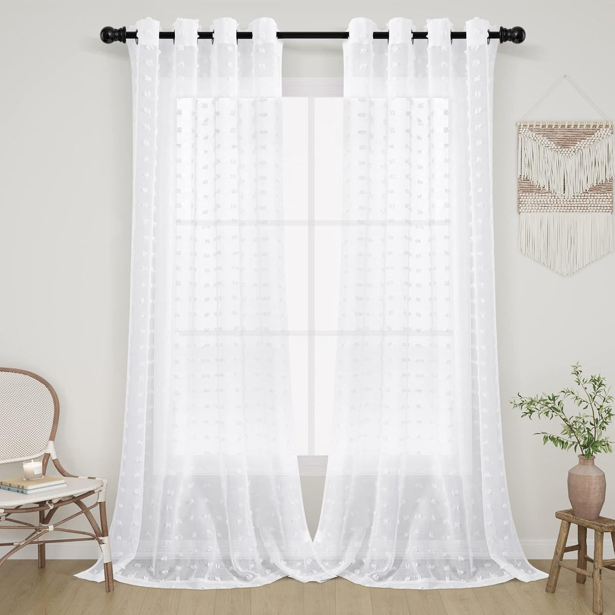 House of Quirk Pom Pom Grommet Sheer Curtains 7 Feet 2 Panels for Living Dining Room Textured Curtain for Bedroom Light Filterin
