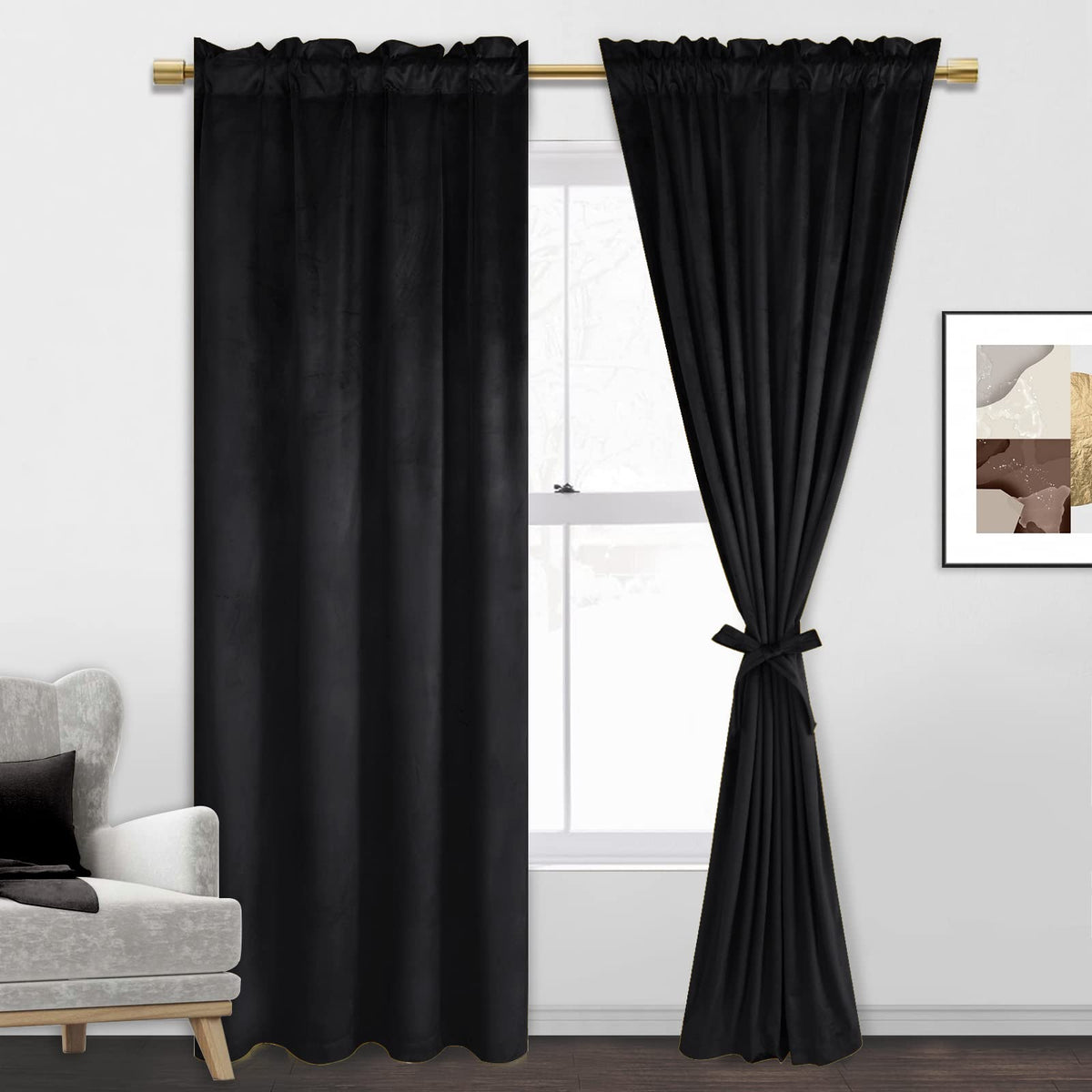 Jiuzhen Black Velvet Curtains Thermal Insualted Blackout Curtains 72 Inches Long Room Darkening Noise Reducing Drapes For Bedroo