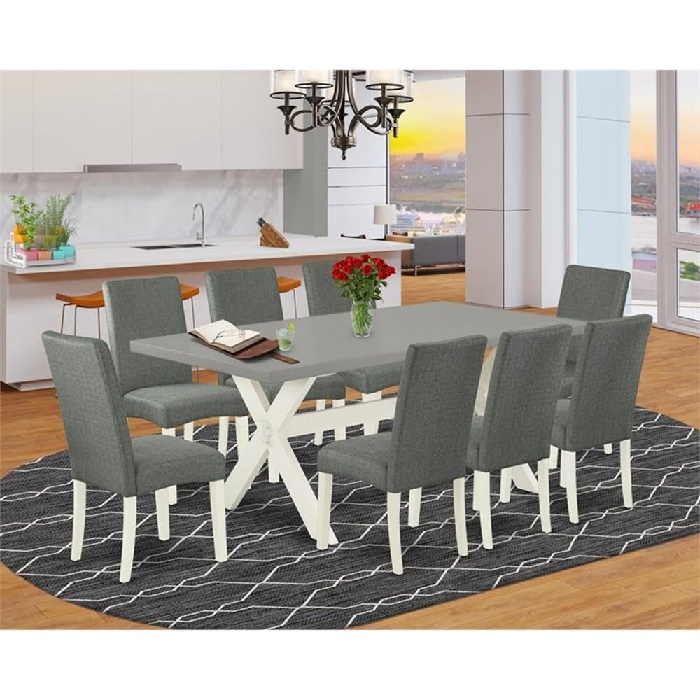 East West Furniture X097Dr207-9 9 Piece Dining Table Set Includes A Rectangle Dining Room Table With X-Legs And 8 Gray Linen Fabric Upholstered Parson Chairs, 40X72 Inch, Multi-Color
