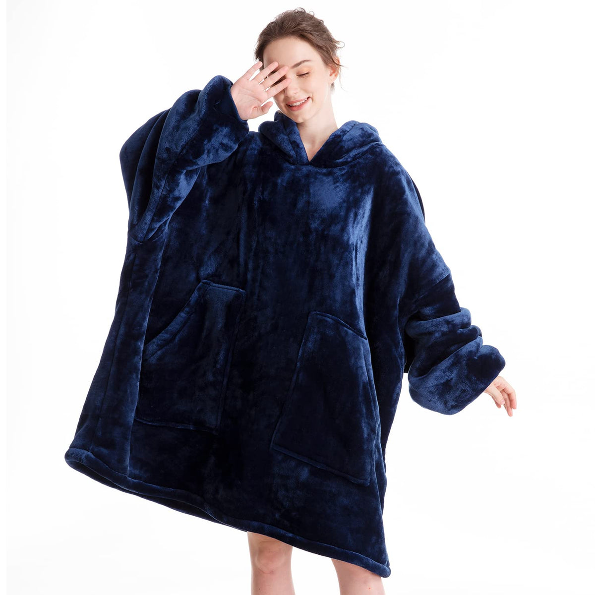 Aemicion Oversized Wearable Blanket Sherpa Blanket Hoodie Soft Warm Thick Big Hoodie Sweatshirt For Adults Men-Navy