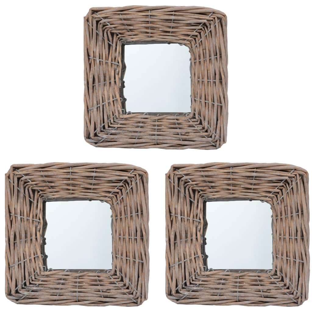 Vidaxl Natural Wicker Square Mirrors - 5.9&quot;X5.9&quot; - Set Of 3 - Handcrafted Rattan Frame - Easy Wall Installation - Suitable For Hallway, Bathroom, Home Decor
