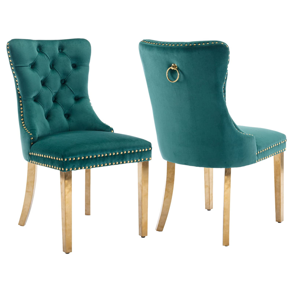 Velvet Dining Chairs Set Of 2, Upholstered Dining Room Chairs With Back Ring Pull Trim And Golden Stainless Steel Legs,Tufted Wi