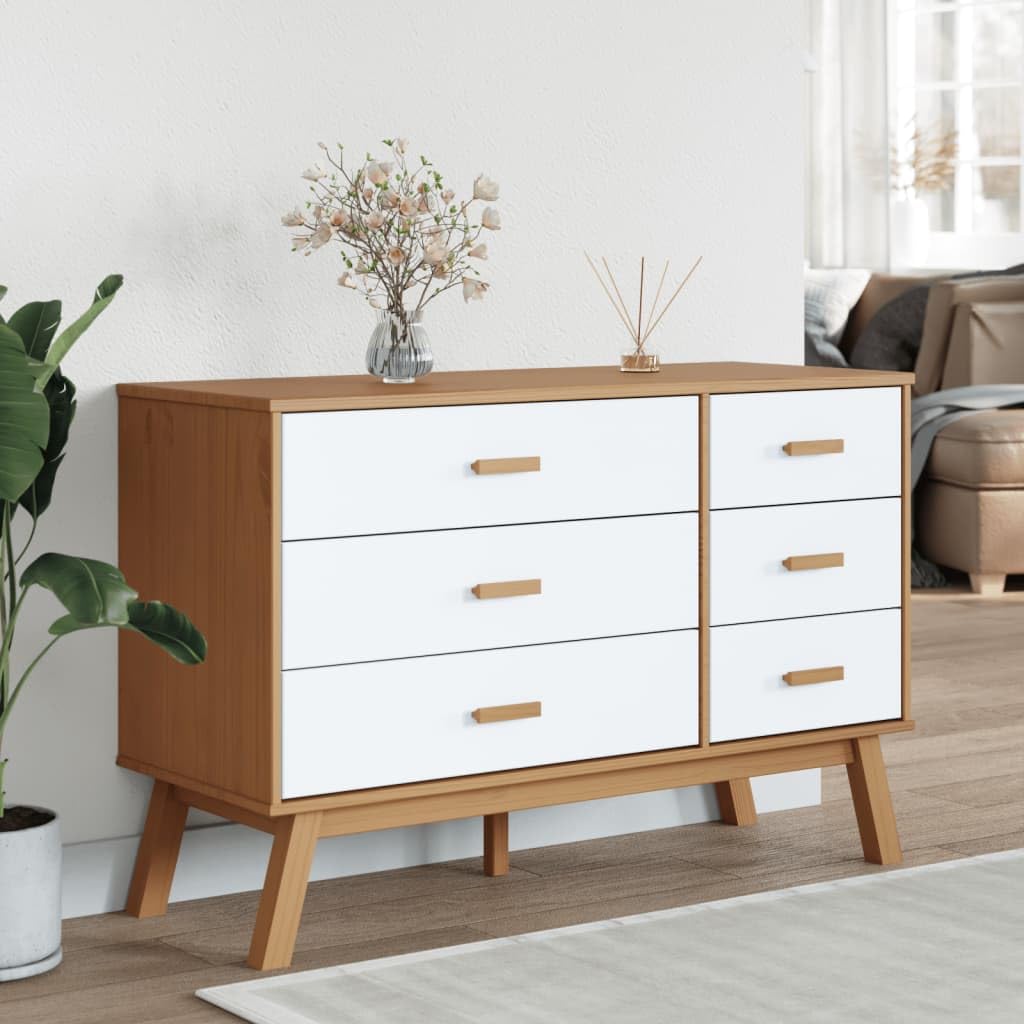 vidaXL Drawer Cabinet Storage Sideboard - White/Brown Solid Pine Wood, 6-Drawer Organizer for Hallway, Bedroom, Living Room, and Office - 43.7&quot;x16.5&quot;x28.9&quot;