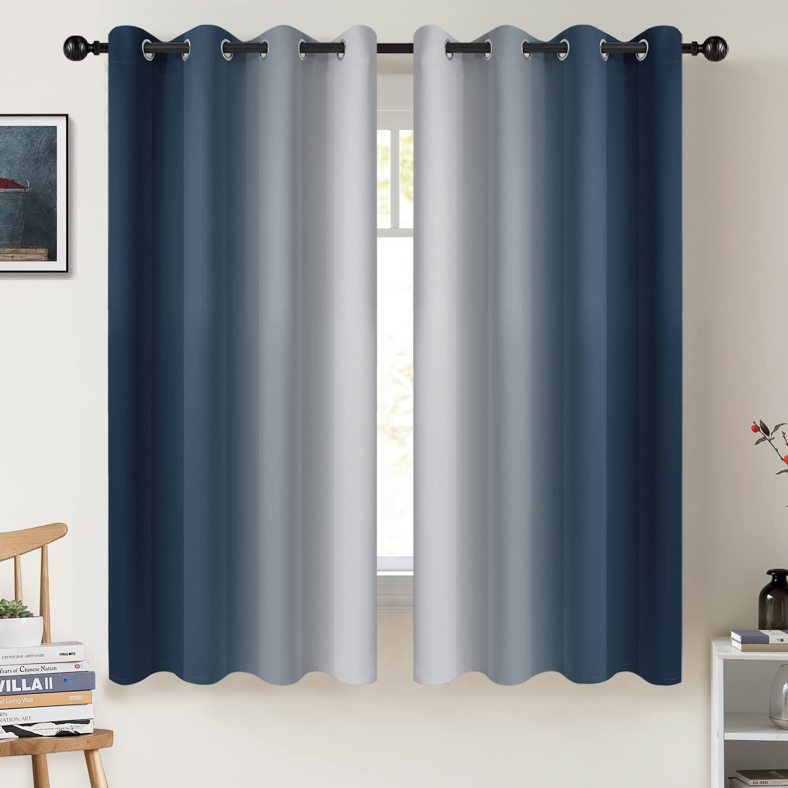 Cosviya Curtains & Drapes Ombre Navy Blue Curtains 63 Inch Length 2 Panels, Grommet Room Darkening Light Blocking Insulated Ther