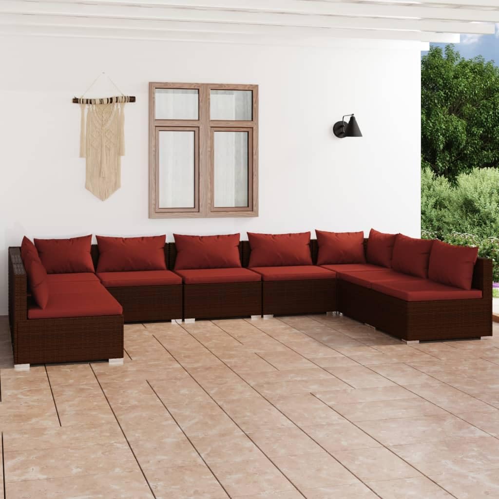 vidaXL Poly Rattan 9 Pc Patio Lounge Set - Brown with Cinnamon Red Cushions, Lightweight, Durable, with Modular Design and Comfortable Fabric Cushions