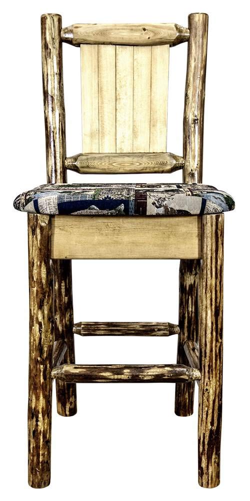 Montana Woodworks Glacier Country Collection Counter Height Barstool with Upholstered Seat, Woodland Pattern, Laser Engraved Bronc Design, Stained & Lacquered