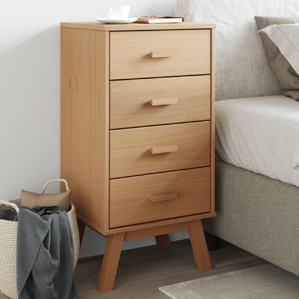 vidaXL Olden Brown Solid Pine Wood Bedside Cabinet - 4-Drawer Nightstand with Wooden Feet, Wax Finish, Scandinavian Bedroom Storage