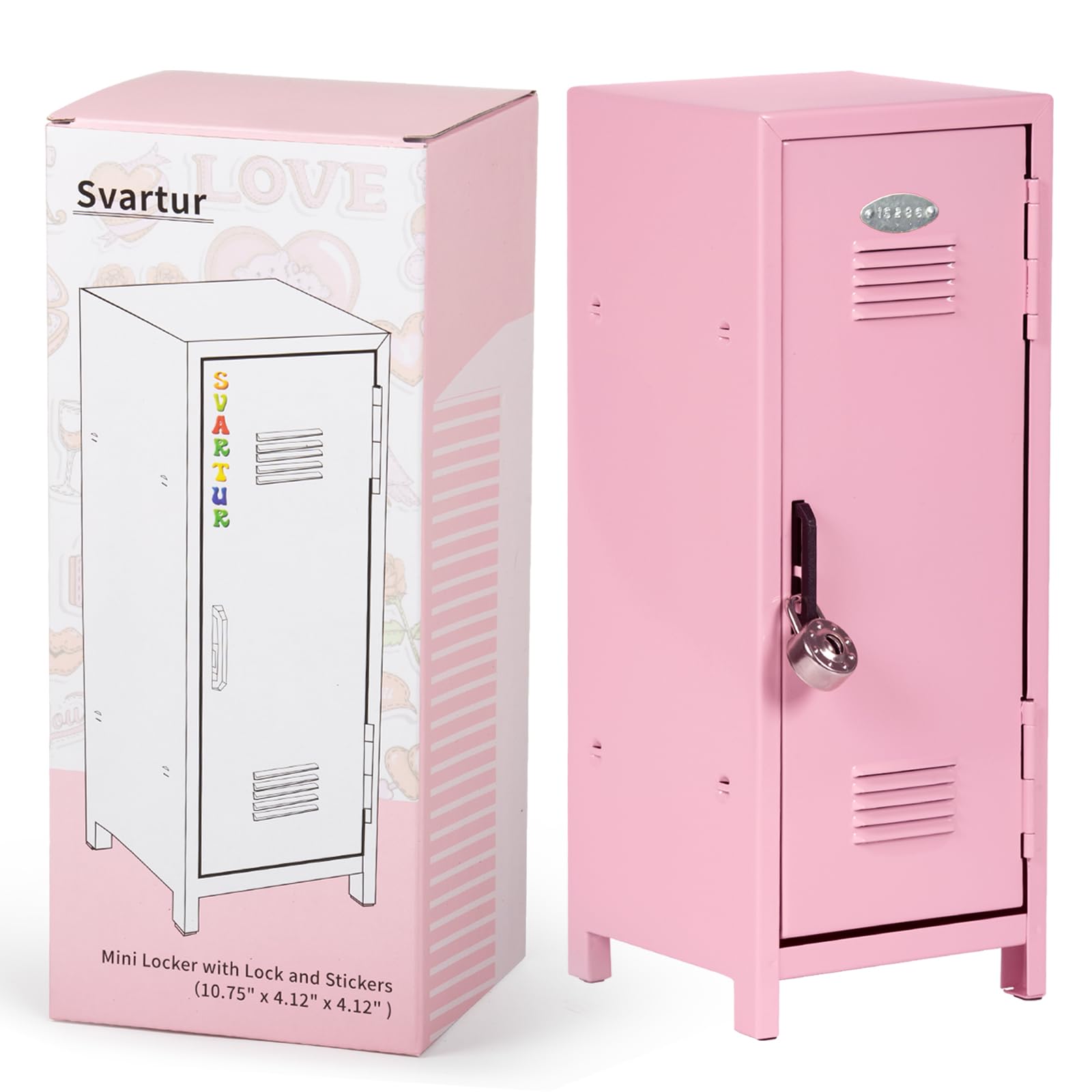 Svartur Mini Locker with Lock & Keys, Stickers, Metal Small Locker for Desktop, Girls Lockbox Desktop Storage Organizer, Money S
