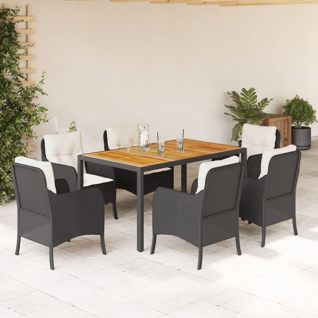 vidaXL 7 Piece Patio Dining Set with Cushions - Black Poly Rattan, Acacia Wood Tabletop, Steel Frame - Outdoor, Garden, Backyard, Deck