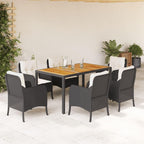 vidaXL 7 Piece Patio Dining Set with Cushions - Black Poly Rattan, Acacia Wood Tabletop, Steel Frame - Outdoor, Garden, Backyard, Deck